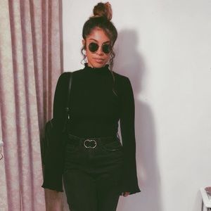 Mock neck bell sleeve ribbed top